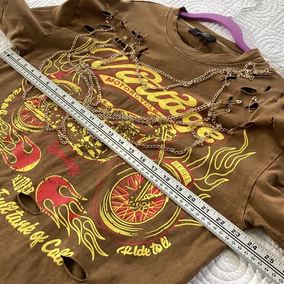 AKIRA Freedom Oversized Tee Size L Motorcycle Distressed Brown T-Shirt W/Chains - Picture 13 of 13